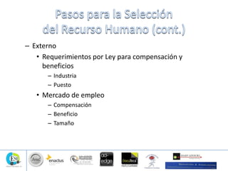 – Externo
• Requerimientos por Ley para compensación y
beneficios
– Industria
– Puesto
• Mercado de empleo
– Compensación
– Beneficio
– Tamaño
 