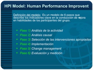 HPI Model: Human Performance Improvent Definición del modelo:   Es un modelo de 6 pasos que describe los indicadores clave en la conducción de mejora en habilidades de los participantes del grupo. Paso 1)  Análisis de la actividad Paso 2)  Análisis causal Paso 3)  Selección de las intervenciones apropiadas Paso 4)  Implementación Paso 5)  Change management Paso 6)  Evaluación y medición 