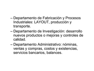 Departamento de Fabricación y Procesos Industriales: LAYOUT, producción y transporte. Departamento de Investigación: desarrollo nuevos productos o mejoras y controles de calidad. Departamento Administrativo: nóminas, ventas y compras, costos y existencias, servicios bancarios, balances. 