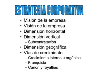 Misión de la empresa Visión de la empresa Dimensión horizontal Dimensión vertical Subcontratación Dimensión geográfica Vías de crecimiento Crecimiento interno u orgánico Franquicia Canon y royalties ESTRATEGIA CORPORATIVA 