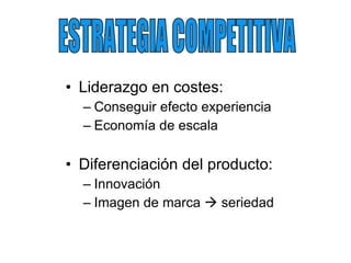 Liderazgo en costes: Conseguir efecto experiencia Economía de escala Diferenciación del producto: Innovación Imagen de marca    seriedad ESTRATEGIA COMPETITIVA 