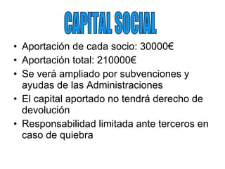 Aportación de cada socio: 30000€ Aportación total: 210000€ Se verá ampliado por subvenciones y ayudas de las Administraciones El capital aportado no tendrá derecho de devolución Responsabilidad limitada ante terceros en caso de quiebra CAPITAL SOCIAL 
