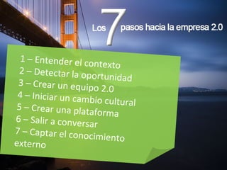 1 – Entender el contexto 2 – Detectar la oportunidad 3 – Crear un equipo 2.0 4 – Iniciar un cambio cultural 5 – Crear una plataforma 6 – Salir a conversar 7 – Captar el conocimiento externo 