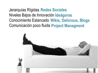 Jerarquías Rígidas Niveles Bajos de Innovación Conocimiento Estancado Comunicación poco fluida Redes Sociales Ideágoras Wikis, Delicious, Blogs Project Managment 