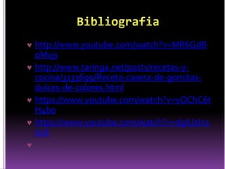  http://www.youtube.com/watch?v=MR6GdB 
oMvjs 
 http://www.taringa.net/posts/recetas-y-cocina/ 
3133699/Receta-casera-de-gomitas-dulces- 
de-colores.html 
 https://www.youtube.com/watch?v=yOChC6t 
H4bo 
 https://www.youtube.com/watch?v=dgIUzIn1 
d2E 
 
 