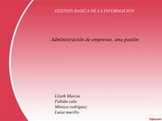 GESTION BASICA DE LA INFORMACION

Administración de empresas, una pasión

Lizeth Murcia
Fabián cala
Mónica rodríguez
Luisa murillo

 