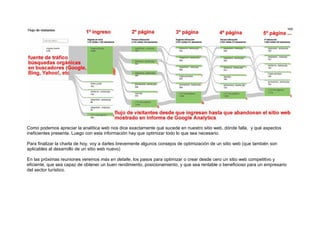 Como podemos apreciar la analítica web nos dice exactamente qué sucede en nuestro sitio web, dónde falla, y qué aspectos
ineficientes presenta. Luego con esta información hay que optimizar todo lo que sea necesario.

Para finalizar la charla de hoy, voy a darles brevemente algunos consejos de optimización de un sitio web (que también son
aplicables al desarrollo de un sitio web nuevo)

En las próximas reuniones veremos más en detalle, los pasos para optimizar o crear desde cero un sitio web competitivo y
eficiente, que sea capaz de obtener un buen rendimiento, posicionamiento, y que sea rentable o beneficioso para un empresario
del sector turístico.
 