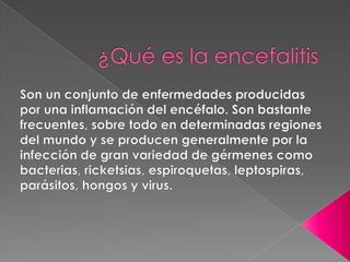 ¿Qué es la encefalitisSon un conjunto de enfermedades producidas por una inflamación del encéfalo. Son bastante frecuentes, sobre todo en determinadas regiones del mundo y se producen generalmente por la infección de gran variedad de gérmenes como bacterias, ricketsias, espiroquetas, leptospiras, parásitos, hongos y virus.