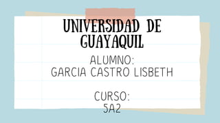 UNIVERSIDAD DE
GUAYAQUIL
ALUMNO:
GARCIA CASTRO LISBETH
CURSO:
5A2
 
