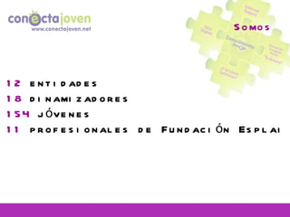 Somos 12  entidades 18  dinamizadores 154  jóvenes 11  profesionales de Fundación Esplai 