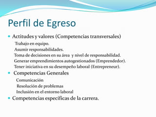 Perfil de Egreso
 Actitudes y valores (Competencias transversales)
  Trabajo en equipo.
  Asumir responsabilidades.
  Toma de decisiones en su área y nivel de responsabilidad.
  Generar emprendimientos autogestionados (Emprendedor).
  Tener iniciativa en su desempeño laboral (Entrepreneur).
 Competencias Generales
   Comunicación
   Resolución de problemas
   Inclusión en el entorno laboral
 Competencias específicas de la carrera.
 