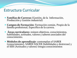 Estructura Curricular
 Familias de Carreras (Gestión, de la Información,
 Producción y Gestión industrial)
 Campos de Formación: Formación común, Propio de la
 familia profesional, Específico de la carrera.
 Áreas curriculares: reúnen objetivos, conocimientos,
 habilidades, actitudes, valores y saberes asociados del
 conocimiento.
 Módulos de aprendizaje: contemplan el SABER
 (conocimiento), SABER HACER (habilidades y destrezas) y
 el SER (Actitudes y valores) integra conocimientos
 