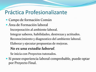 Práctica Profesionalizante
 Campo de formación Común
 Área de Formación laboral
   Incorporación al ambiente laboral.
   Integrar saberes, habilidades, destrezas y actitudes.
   Reconocimiento y diagnostico del ambiente laboral.
   Elaborar y ejecutar propuestas de mejoras.
   No es una estadía laboral.
   Se inicia con Proyectos tutorados.
 Si posee experiencia laboral comprobable, puede optar
  por Proyecto Final.
 