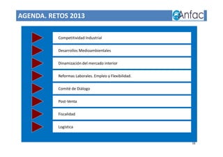AGENDA. RETOS 2013
Competitividad Industrial
Desarrollos Medioambientales
Dinamización del mercado interior
Reformas Laborales. Empleo y Flexibilidad.
Comité de Diálogo
Post-Venta
Fiscalidad
16
Logística
 