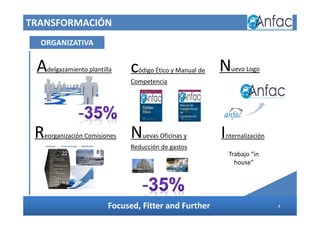 TRANSFORMACIÓN
ORGANIZATIVA
Focused, Fitter and Further
Nuevo Logo
Nuevas Oficinas y
Reducción de gastos
Adelgazamiento plantilla código Ético y Manual de
Competencia
Código
Ético
Manual de
Cumplimiento
de
Competencia
Internalización
Trabajo “in
house”
Reorganización Comisiones
8
4
 