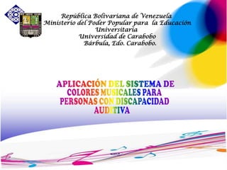 República Bolivariana de Venezuela
Ministerio del Poder Popular para la Educación
                 Universitaria
           Universidad de Carabobo
             Bárbula, Edo. Carabobo.
 