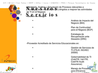 Nuestros Servicios -Modelado, Análisis y Simulación de Procesos relevantes a Tecnología de la Información (TI) dirigidos a mejorar las actividades de TI en el Negocio  -Gestión de Riesgo Análisis de Impacto del Negocio (BIA) Plan de Continuidad para el Negocio (BCP) Estrategia de Recuperación ante Desastre (DRS) -Proveedor Acreditado de Servicios Educacionales en: Gestión de Servicios de TI (ITIL®, ISO/IEC 20000) Gobernabilidad de TI (CobIT®, Val IT®, CobIT® Audit Assurance) Manejo de Procesos para Eficiencia Operacional (BPM) 