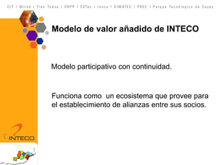 Modelo de valor añadido de INTECO Modelo participativo con continuidad. Funciona como  un ecosistema que provee para el establecimiento de alianzas entre sus socios. 