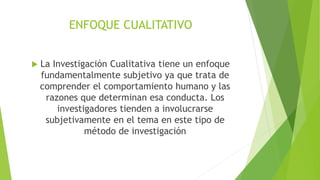  La Investigación Cualitativa tiene un enfoque
fundamentalmente subjetivo ya que trata de
comprender el comportamiento humano y las
razones que determinan esa conducta. Los
investigadores tienden a involucrarse
subjetivamente en el tema en este tipo de
método de investigación
ENFOQUE CUALITATIVO
 