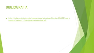 BIBLIOGRAFIA
 http://aulas.uniminuto.edu/campus/pregrado/pluginfile.php/274133/mod_r
esource/content/1/investigacion-educativa.pdf
 