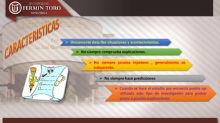  Únicamente describe situaciones y acontecimientos.
 No siempre comprueba explicaciones.
 No siempre prueba hipótesis , generalmente es
subyacente.
 Cuando se hace el estudio por encuesta podría ser
utilizada este tipo de investigación para probar
poner a prueba explicaciones
 No siempre hace predicciones
 