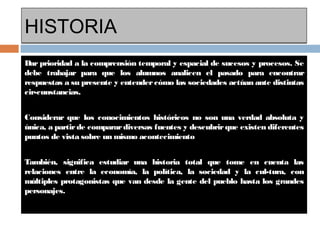 HISTORIAHISTORIA
Dar prioridad a la comprensión temporal y espacial de sucesos y procesos. Se
debe trabajar para que los alumnos analicen el pasado para encontrar
respuestas a su presente y entender cómo las sociedades actúan ante distintas
cir­cunstancias.
Considerar que los conocimientos históricos no son una verdad absoluta y
única, a partirde comparardiversas fuentes y descubrirque existen diferentes
puntos de vista sobre un mismo acontecimiento
También, significa estudiar una historia total que tome en cuenta las
relaciones entre la economía, la política, la sociedad y la cul­tura, con
múltiples protagonistas que van desde la gente del pueblo hasta los grandes
personajes.
 