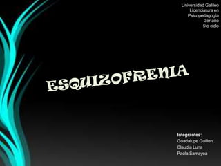 Integrantes:
Guadalupe Guillen
Claudia Luna
Paola Samayoa
Universidad Galileo
Licenciatura en
Psicopedagogía
3er año
5to ciclo
 