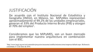 JUSTIFICACIÓN
De acuerdo con el Instituto Nacional de Estadística y
Geografía (INEGI), en México, las MiPyMes representan
aproximadamente el 99.2% de las unidades empresariales,
generan el 33% del Producto Interno Bruto (PIB) y otorgan
el 70% del empleo1.
Consideramos que las MiPyMES, son un buen mercado
para implementar nuestra arquitectura en combinación
con el BSC.
1http://www.inegi.org.mx/est/contenidos/proyectos/encuestas/establecimientos/otras/enaproce/default.aspx. Referencia
consultada el 12 de Junio de 2016.
 