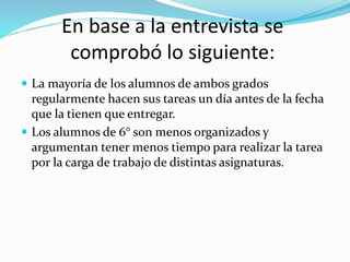 En base a la entrevista se
comprobó lo siguiente:
 La mayoría de los alumnos de ambos grados
regularmente hacen sus tareas un día antes de la fecha
que la tienen que entregar.
 Los alumnos de 6° son menos organizados y
argumentan tener menos tiempo para realizar la tarea
por la carga de trabajo de distintas asignaturas.
 