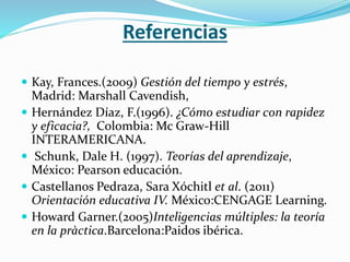 Referencias
 Kay, Frances.(2009) Gestión del tiempo y estrés,
Madrid: Marshall Cavendish,
 Hernández Díaz, F.(1996). ¿Cómo estudiar con rapidez
y eficacia?, Colombia: Mc Graw-Hill
INTERAMERICANA.
 Schunk, Dale H. (1997). Teorías del aprendizaje,
México: Pearson educación.
 Castellanos Pedraza, Sara Xóchitl et al. (2011)
Orientación educativa IV. México:CENGAGE Learning.
 Howard Garner.(2005)Inteligencias múltiples: la teoría
en la pràctica.Barcelona:Paidos ibérica.
 