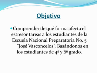 Objetivo
Comprender de qué forma afecta el
estresor tareas a los estudiantes de la
Escuela Nacional Preparatoria No. 5
“José Vasconcelos”. Basándonos en
los estudiantes de 4º y 6º grado.
 