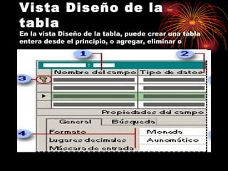 Vista Diseño de la tabla En la vista Diseño de la tabla, puede crear una tabla entera desde el principio, o agregar, eliminar o  personalizar los campos en una tabla existente. 