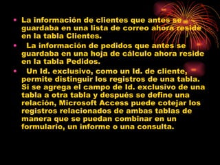 La información de clientes que antes se guardaba en una lista de correo ahora reside en la tabla Clientes.    La información de pedidos que antes se guardaba en una hoja de cálculo ahora reside en la tabla Pedidos.    Un Id. exclusivo, como un Id. de cliente, permite distinguir los registros de una tabla. Si se agrega el campo de Id. exclusivo de una tabla a otra tabla y después se define una relación, Microsoft Access puede cotejar los registros relacionados de ambas tablas de manera que se puedan combinar en un formulario, un informe o una consulta. 