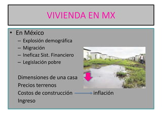 VIVIENDA EN MX
• En México
–
–
–
–

Explosión demográfica
Migración
Ineficaz Sist. Financiero
Legislación pobre

Dimensiones de una casa
Precios terrenos
Costos de construcción
Ingreso

inflación

 