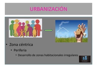 URBANIZACIÓN

• Zona céntrica
• Periferia
• Desarrollo de zonas habitacionales irregulares

 