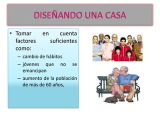 • Tomar
factores
como:

en

cuenta
suficientes

.

– cambio de hábitos
– jóvenes que no se
emancipan
– aumento de la población
de más de 60 años,

 