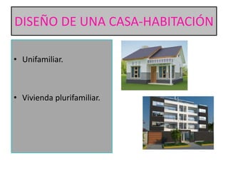 DISEÑO DE UNA CASA-HABITACIÓN
• Unifamiliar.

• Vivienda plurifamiliar.

 