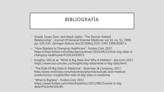 BIBLIOGRAFÍA
• Goold, Susan Dorr, and Mack Lipkin. "The Doctor-Patient
Relationship". Journal Of General Internal Medicine, vol 14, no. S1, 1999,
pp. S26-S33. Springer Nature, doi:10.1046/j.1525-1497.1999.00267.x.
• "How Bigdata Is Changing Healthcare". Forbes.Com, 2017,
https://www.forbes.com/sites/bernardmarr/2015/04/21/how-big-data-is-
changing-healthcare/#519c543f2873.
• Insights, SAS et al. "What Is Big Data And Why It Matters". Sas.Com, 2017,
https://www.sas.com/en_us/insights/big-data/what-is-big-data.html.
• "The Role Of Big Data In Medicine". Mckinsey & Company, 2017,
http://www.mckinsey.com/industries/pharmaceuticals-and-medical-
products/our-insights/the-role-of-big-data-in-medicine.
• "What Is Bigdata". Forbes.Com, 2017,
https://www.forbes.com/sites/lisaarthur/2013/08/15/what-is-big-
data/#32dc9d105c85.
 