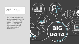 ¿QUÉ ES BIG DATA?
• Los Big data describen una
estrategia de administración
de información integral que
incluye e integra muchos
tipos nuevos de datos y
administración de datos,
además de los datos
tradicionales.
 