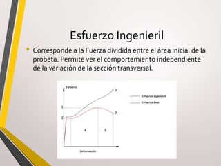 Esfuerzo Ingenieril
• Corresponde a la Fuerza dividida entre el área inicial de la
probeta. Permite ver el comportamiento independiente
de la variación de la sección transversal.
 