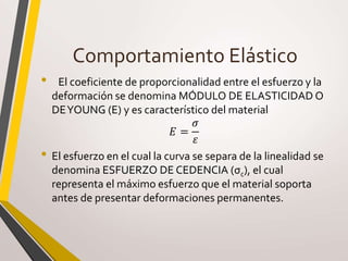 Comportamiento Elástico
• El coeficiente de proporcionalidad entre el esfuerzo y la
deformación se denomina MÓDULO DE ELASTICIDAD O
DEYOUNG (E) y es característico del material
𝐸 =
𝜎
𝜀
• El esfuerzo en el cual la curva se separa de la linealidad se
denomina ESFUERZO DE CEDENCIA (σc), el cual
representa el máximo esfuerzo que el material soporta
antes de presentar deformaciones permanentes.
 