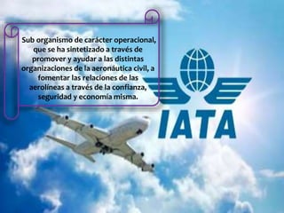 Sub organismo de carácter operacional,
que se ha sintetizado a través de
promover y ayudar a las distintas
organizaciones de la aeronáutica civil, a
fomentar las relaciones de las
aerolíneas a través de la confianza,
seguridad y economía misma.
 