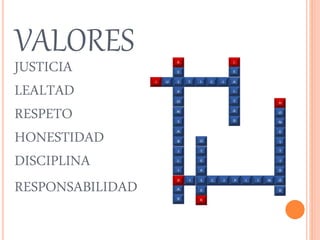 VALORES 
JUSTICIA 
LEALTAD 
RESPETO 
HONESTIDAD 
DISCIPLINA 
RESPONSABILIDAD 
 
