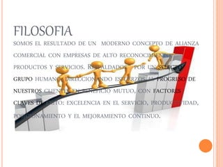 FILOSOFIA 
SOMOS EL RESULTADO DE UN MODERNO CONCEPTO DE ALIANZA 
COMERCIAL CON EMPRESAS DE ALTO RECONOCIMIENTO, 
PRODUCTOS Y SERVICIOS. RESPALDADOS POR UN SELECTO 
GRUPO HUMANO, DIRECCIONANDO ESFUERZOS AL PROGRESO DE 
NUESTROS CLIENTES EN BENEFICIO MUTUO, CON FACTORES 
CLAVES DE ÉXITO: EXCELENCIA EN EL SERVICIO, PRODUCTIVIDAD, 
POSICIONAMIENTO Y EL MEJORAMIENTO CONTINUO. 
 