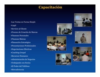 Capacitación



•Las Ventas en Forma Simple
•Legal
•Servicio al Cliente
•Proceso de Creación de Marcas
•Finanzas Personales
•Finanzas Básicas
•Planeación Estratégica
•Presentaciones Profesionales
•Negociaciones Efectivas
•Coaching Grupal
•Recursos Humanos
•Administración de Negocios
•Trabajando con Socios
•El Poder del Teléfono
•Mercadotecnia
 