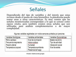 Señales
Dependiendo del tipo de variables y del interés que estas
revistan desde el punto de vista biomédico, la plataforma puede
tomar unas u otras características. Es muy común que las
señales monitorizadas correspondan a lo que se conoce como
signos vitales, pero también existen otras señales que son
utilizadas para análisis complementarios o de mayor
complejidad.

 