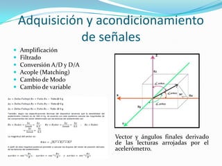 Adquisición y acondicionamiento
de señales







Amplificación
Filtrado
Conversión A/D y D/A
Acople (Matching)
Cambio de Modo
Cambio de variable

Vector y ángulos finales derivado
de las lecturas arrojadas por el
acelerómetro.

 