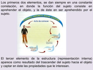 Los primeros dos elementos, se dan siempre en una constante
correlación, en donde la función del sujeto consiste en
aprehender el objeto, y la de éste en ser aprehendido por el
sujeto.
El tercer elemento de la estructura (representación interna)
aparece como resultado del trascender del sujeto hacia el objeto
y captar en éste las propiedades que le interesan.
 