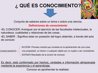 ¿ QUÉ ES CONOCIMIENTO?
Conjunto de saberes sobre un tema o sobre una ciencia.
Definiciones de conocimiento
•EL CONOCER: Averiguar por el ejercicio de las facultades intelectuales, la
naturaleza, cualidades y relaciones de las cosas.
•EL SABER : Significa estar en posesión del logro obtenido, a través del acto
de conocer.
ACCIÓN- Proceso mental que consiste en la aprehensión de una cosa:
una propiedad, un hecho o cualquier objeto por un sujeto o ser consistente.
ESTADO Resultado de la acción de conocer.
Es decir, está conformado por hechos, verdades e información almacenada
mediante la experiencia y el aprendizaje.
Conocer es aprehender la realidad.
CONOCIMIENTO
 