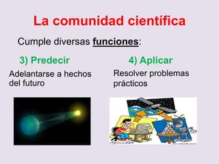 La comunidad científica
Cumple diversas funciones:
3) Predecir 4) Aplicar
Adelantarse a hechos
del futuro
Resolver problemas
prácticos
 